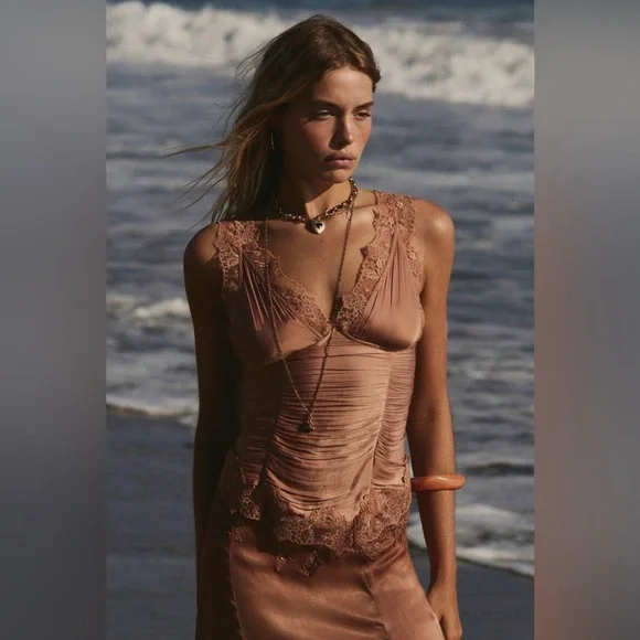 Free People Elena Lace Top in Peached Copper size Large NWT - Picture 6 of 14